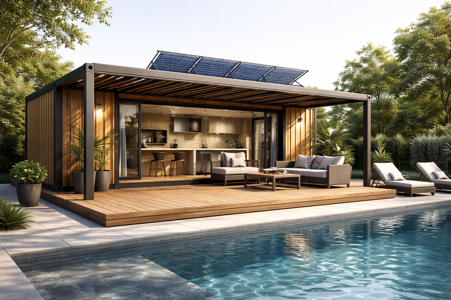 Container pool house ouvert avec pergola et terrasse